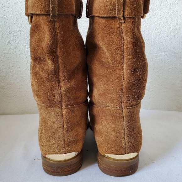 Michael Kors Logo Plate Rhea Brown Suede Boots Mid Calf Pull On Womens 5.5M US - Picture 6 of 14